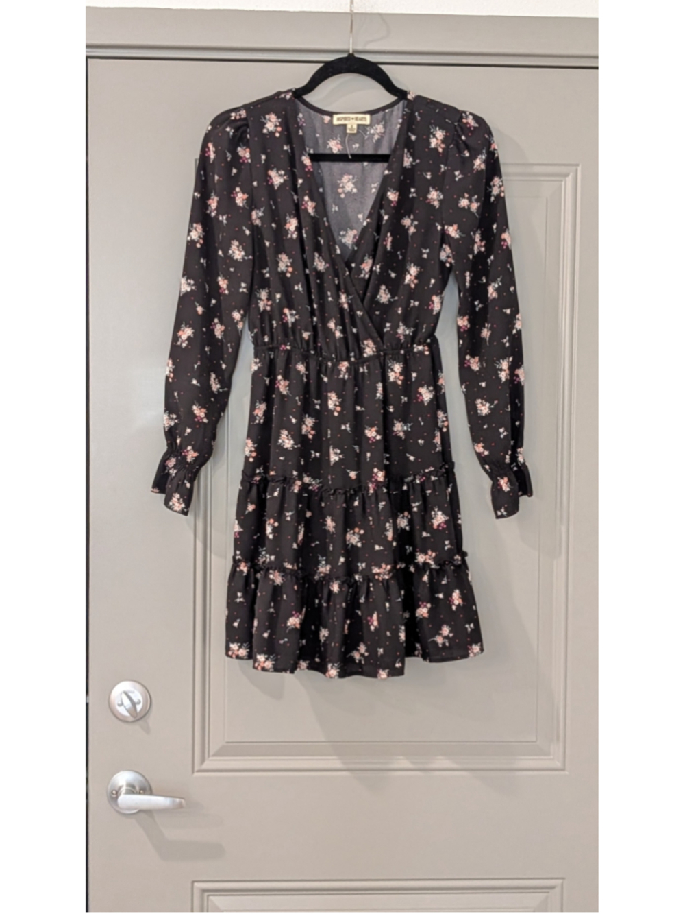 Women's Inspired Hearts Black Floral Long Sleeve Dress S